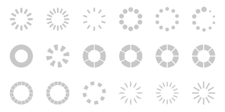 Set of eighteen circular loading spinner in light gray isolated on transparent background
