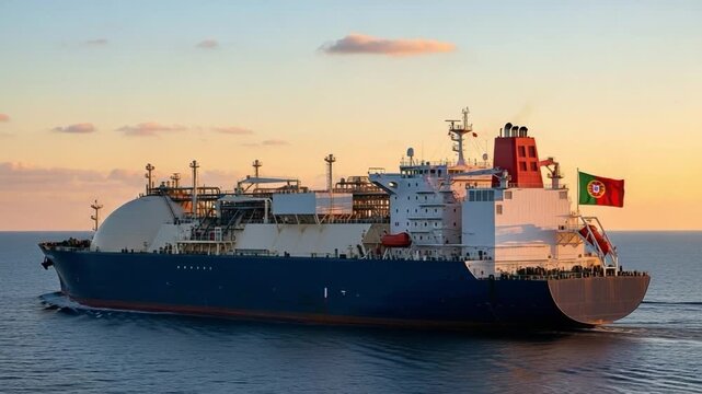 International LNG carrier ship transporting natural gas at sunset for global energy security