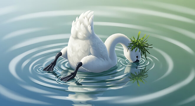 White swan dips head underwater with tail feathers up searching for food in rippling water, natural scene