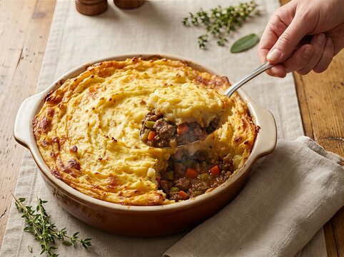 Delicious Homemade Shepherds Pie with Golden Mashed Potato Topping Served Fresh.