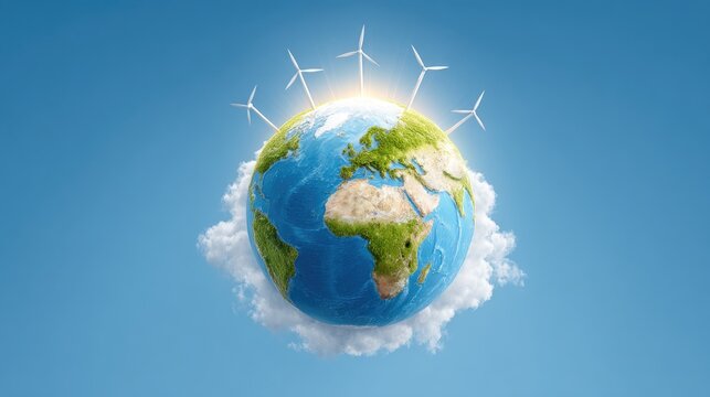 Earth in Bright Blue Sky Surrounded by Wind Turbines and White Clouds, Symbolizing Renewable Energy and Sustainability