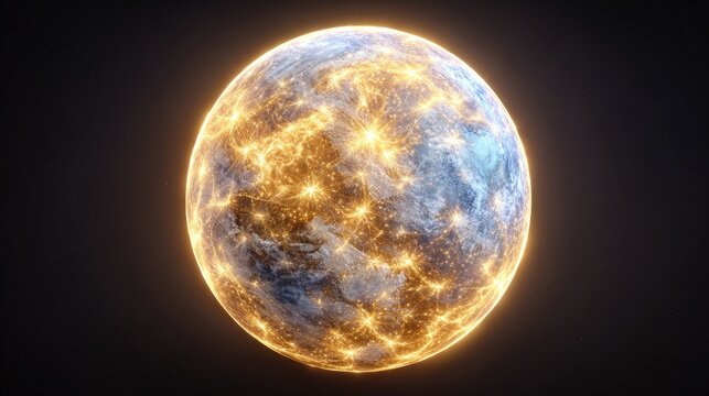 Glowing Planet with Bright Lights and Energy Waves Illuminating Cosmic Landscape in Space Environment