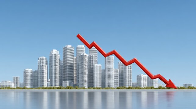Financial Downturn Concept with Red Arrow and City Skyline in Background Reflecting on Water Surface Under Clear Sky
