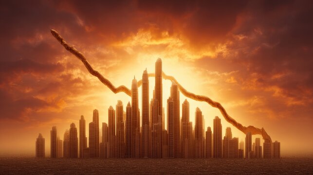 Abstract skyline with dramatic sunset and descending graph line symbolizing economic decline and urban challenges