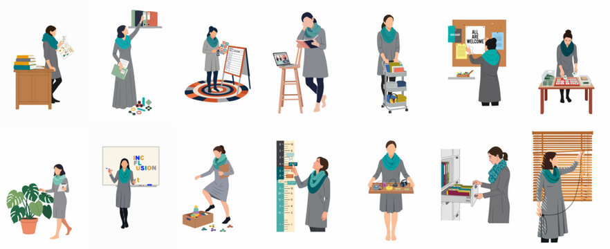 Vector illustration set of a special education teacher performing various classroom tasks, including organization, inclusive teaching, and school supply management.