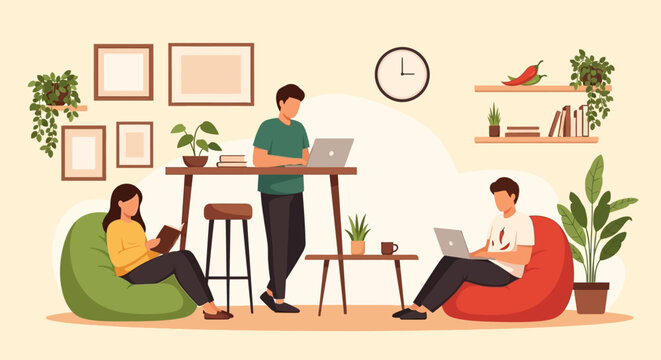 People working and reading in a modern coworking space.