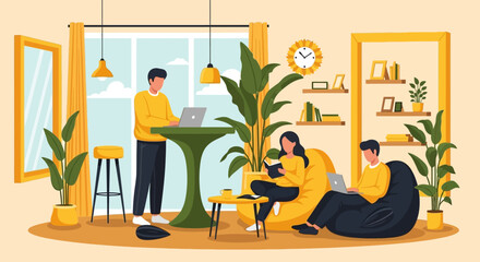 Fototapeta premium People working and relaxing in a modern co-working space.