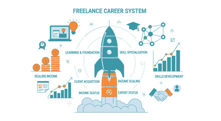 Freelance career system infographic with rocket ship and business icons © Hanggera