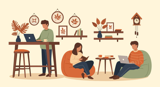 People working and relaxing in a cozy indoor space.