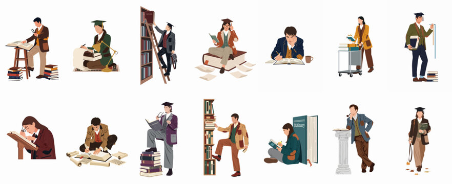 A collection of vintage-style academic illustrations featuring scholars, students, and professors engaged in reading, writing, and research activities with books and scrolls.