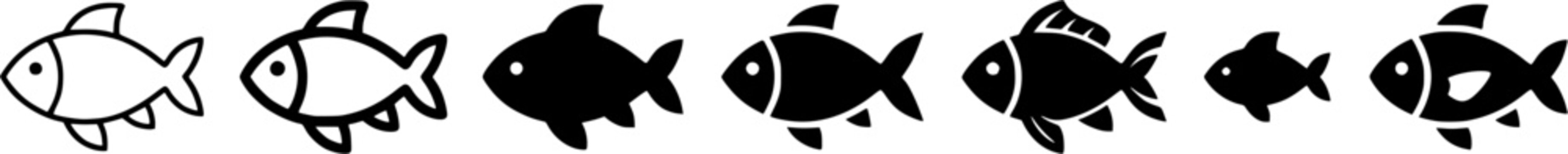 Black silhouettes of various aquatic creatures including a catfish head, shrimp, shark, betta fish, and fish scales provide versatile symbolic graphics for seafood menus, ocean life