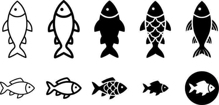 Black silhouettes of various aquatic creatures including a catfish head, shrimp, shark, betta fish, and fish scales provide versatile symbolic graphics for seafood menus, ocean life