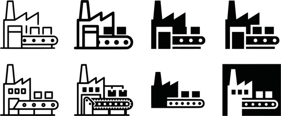 Obraz premium Industrial process and waste management icon collection illustrating manufacturing, recycling, energy production, and environmental protection concepts for various business and educational