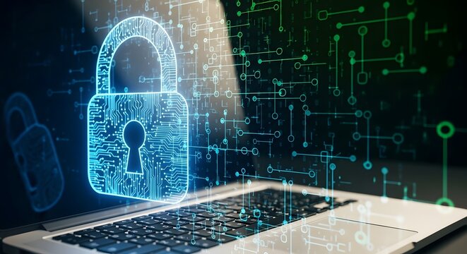 Digital padlock icon on laptop screen cybersecurity concept for data protection and network security future.