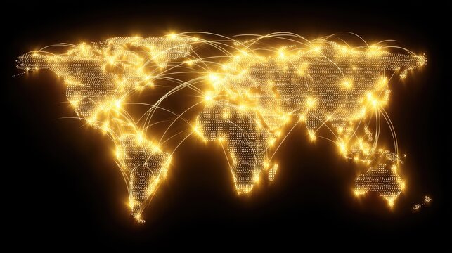 Global Network Connection Concept with Bright Lines and Dots on Dark Background, Representing Data Flow Across Continents
