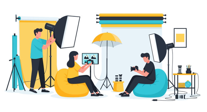 Photography studio setup with people and equipment.