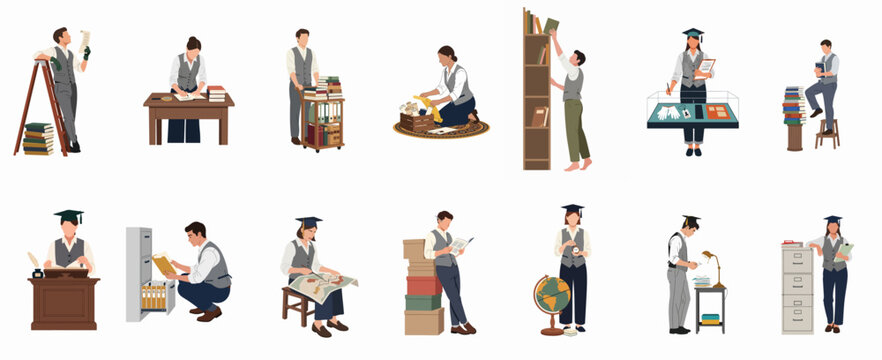 Diverse collection of professional archivists, librarians, and researchers working with historical books, documents, and artifacts in an organized archive or library setting.