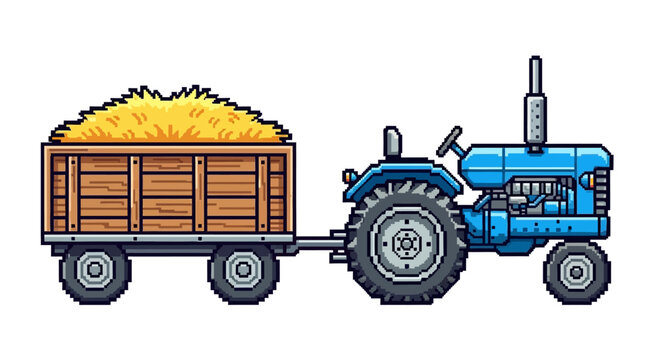 Pixel Art Blue Tractor Pulling Hay Trailer.