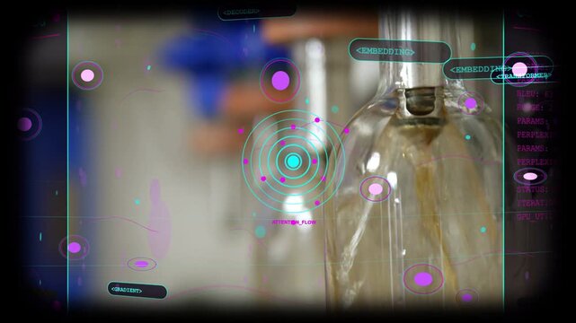 Metal nozzle releasing amber liquid into front bottle on lab bench, HUD TRAINING_LOG tracking fill