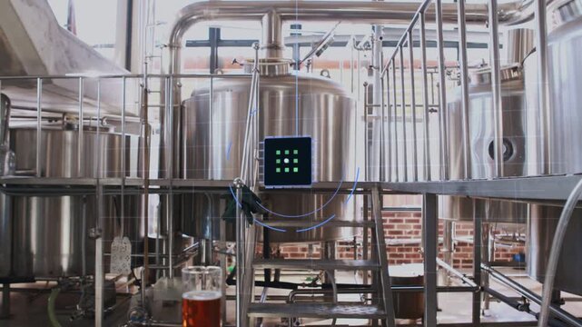 Large stainless tank with UI appearing, radiating arcs while camera pushing highlighting status
