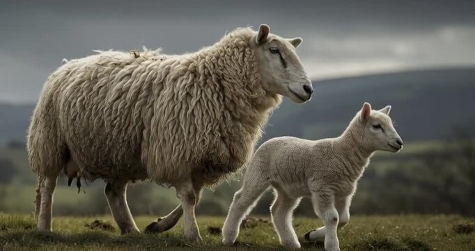 Mother sheep standing next to lamb. A newborn lamb standing next to its mother in a countryside pasture