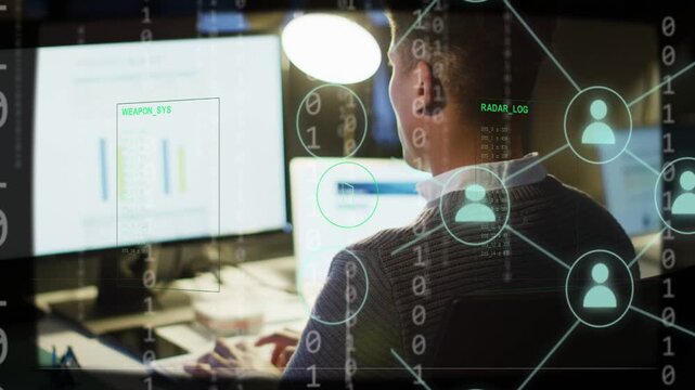 Analyst typing at desk, causing HUD target, binary streams and nodes mapping defense radar data