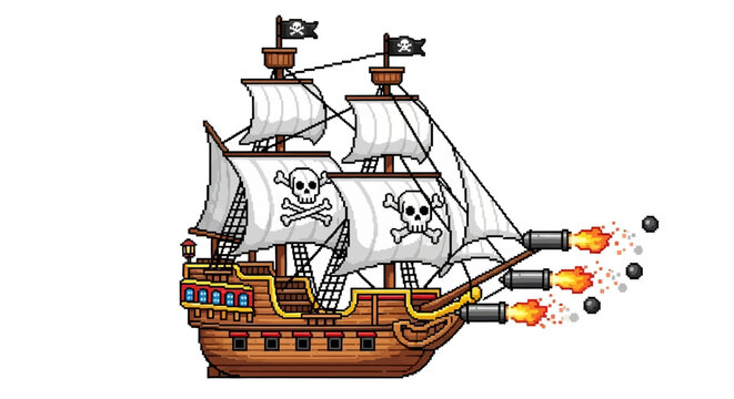 Pirate Ship Firing Cannons with Jolly Roger Flags.