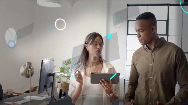 Woman tapping tablet, making floating panels growing denser while man gesturing confirming business