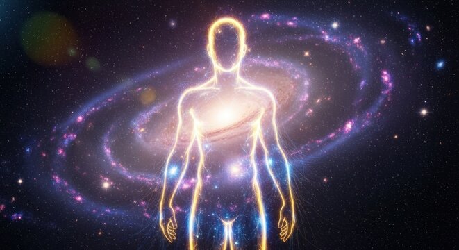 Luminous human energy silhouette floating in deep space galaxy