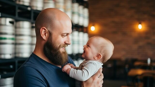 Smiling bald bearded man holding baby boy in a brewery with beer kegs