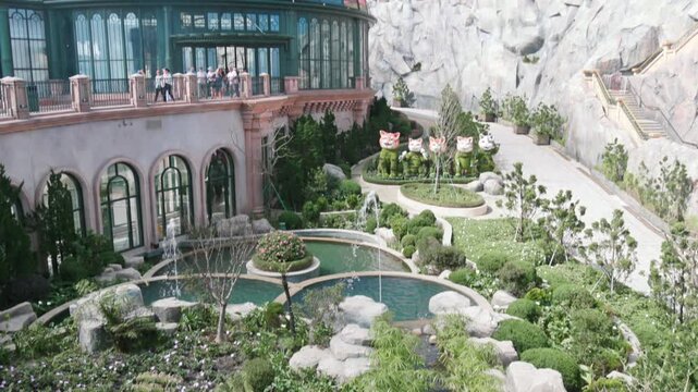 A whimsical garden with topiary cats and fountains in Ba Na Hills, Da Nang, Vietnam.