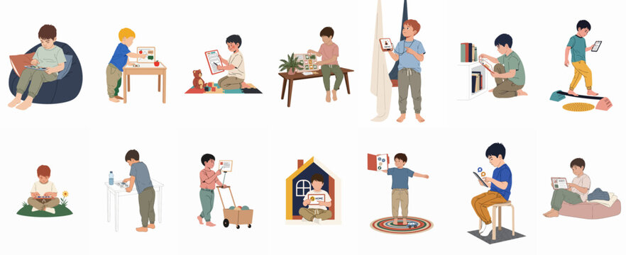 Set of illustrations depicting a young boy using various augmentative and alternative communication (AAC) devices and visual aids in his everyday life activities.