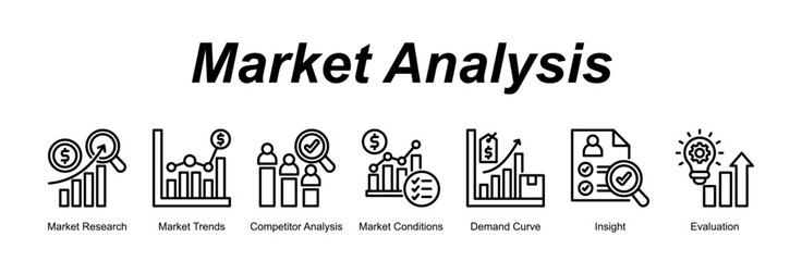 Fototapeta premium Market Analysis banner web icon vector illustration concept with an icon of Market Research, Market Trends, Competitor Analysis, Market Conditions, Demand Curve, Insight, Evaluation 