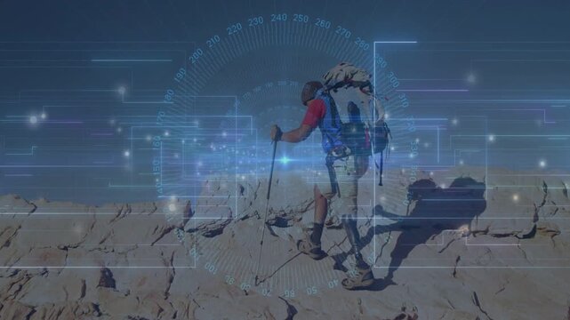 Male hiker planting pole, lifting foot, advancing rocky ridge, HUD compass guiding tech navigation