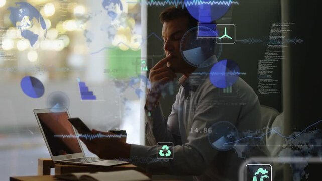 Man tapping phone then typing on laptop in cafe, environment graphs streaming while analyzing