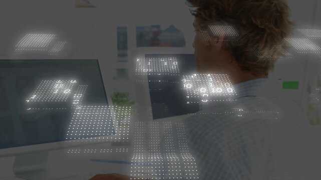 Office worker typing on PC, overlay building over desk causing pause and stretching to ease tension