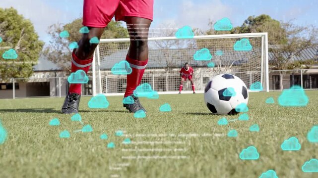 Soccer player tapping ball and dribbling, adding teal overlays, preparing shot with keeper waiting