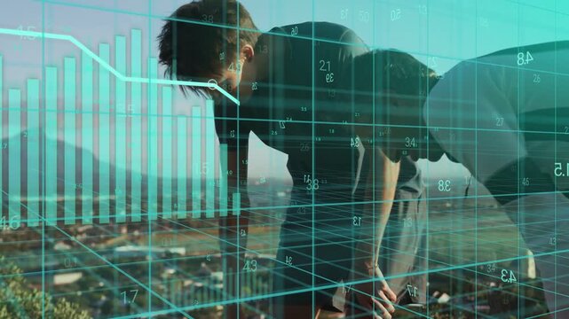 Leader initiating forward bend while partners moving into plank, teal grid tracking fitness metrics