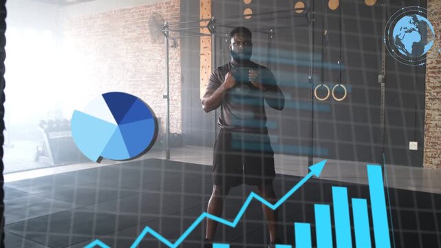 Trainer starting goblet squat in gym while AR HUD collecting metrics and updating charts