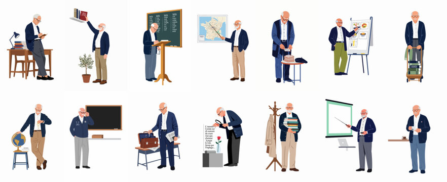 Set of flat vector illustrations depicting an elderly male professor or teacher in various poses and academic activities, including teaching, reading, and presenting.
