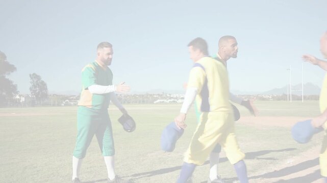 Green players leading postgame handshake on field, animated baseball icons showing respect and caps