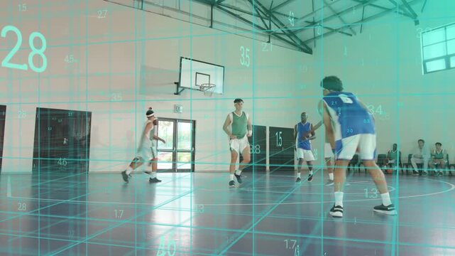 Blue ball handler receiving pass and dribbling in basketball gym, turquoise grid analyzing offense
