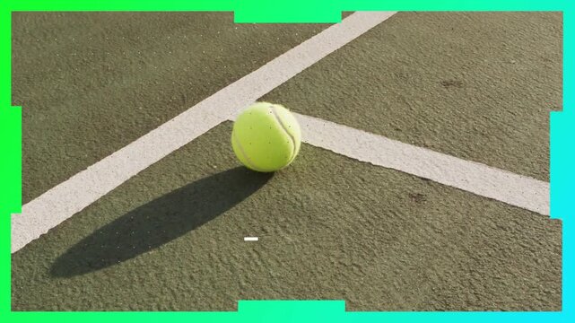 White bars appearing and teal border cropping while tennis ball settling, rotating, revealing court