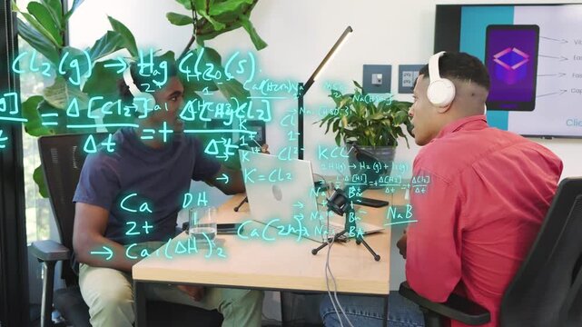 Two men speaking into mic and gesturing toward laptop, overlaying chemistry notes for education