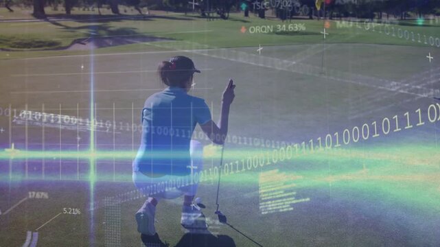 Standing then squatting behind putt line golfer adjusting club reading slope as HUD overlays moving