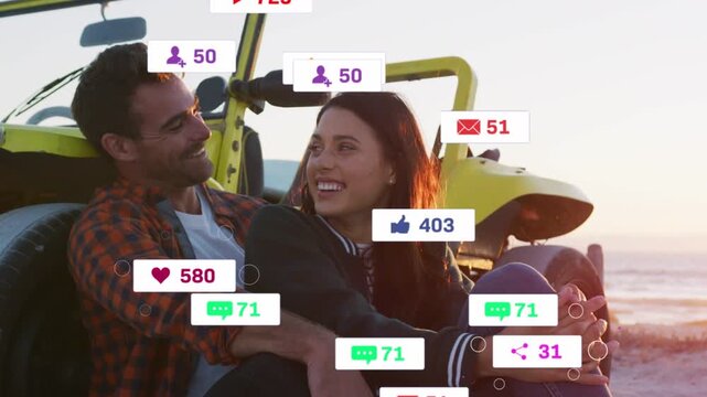 Couple leaning on yellow buggy while social hearts appearing, overlapping faces, showing engagement