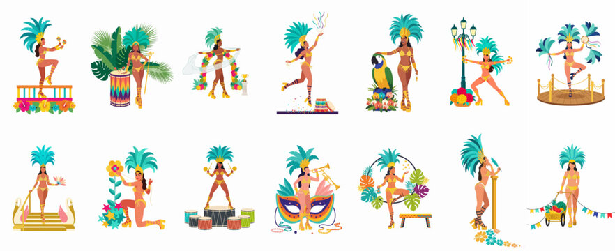 Collection of Brazilian Carnival samba dancers in colorful feather costumes, featuring women dancing, playing instruments, and posing in various festive scenes.