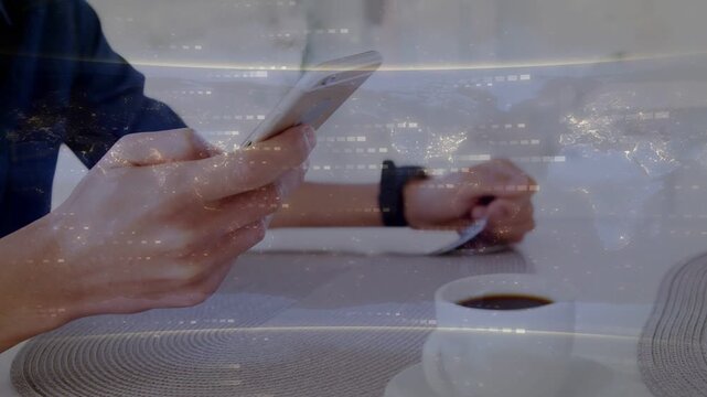 Man scrolling phone with left thumb, reading, stirring coffee, tech overlaying, other hand entering