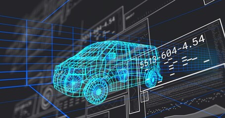 Fototapeta premium Floating neon-cyan wireframe SUV model hovering in virtual simulator, showing HUD readouts