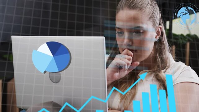 Woman seated with laptop, app loading and revealing animated charts summarizing data for insights